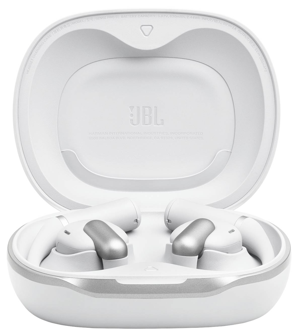 Bijele bežične slušalice sa srebrnim detaljima u otvorenom punjivom etuiju, s logotipom JBL-a na poklopcu.