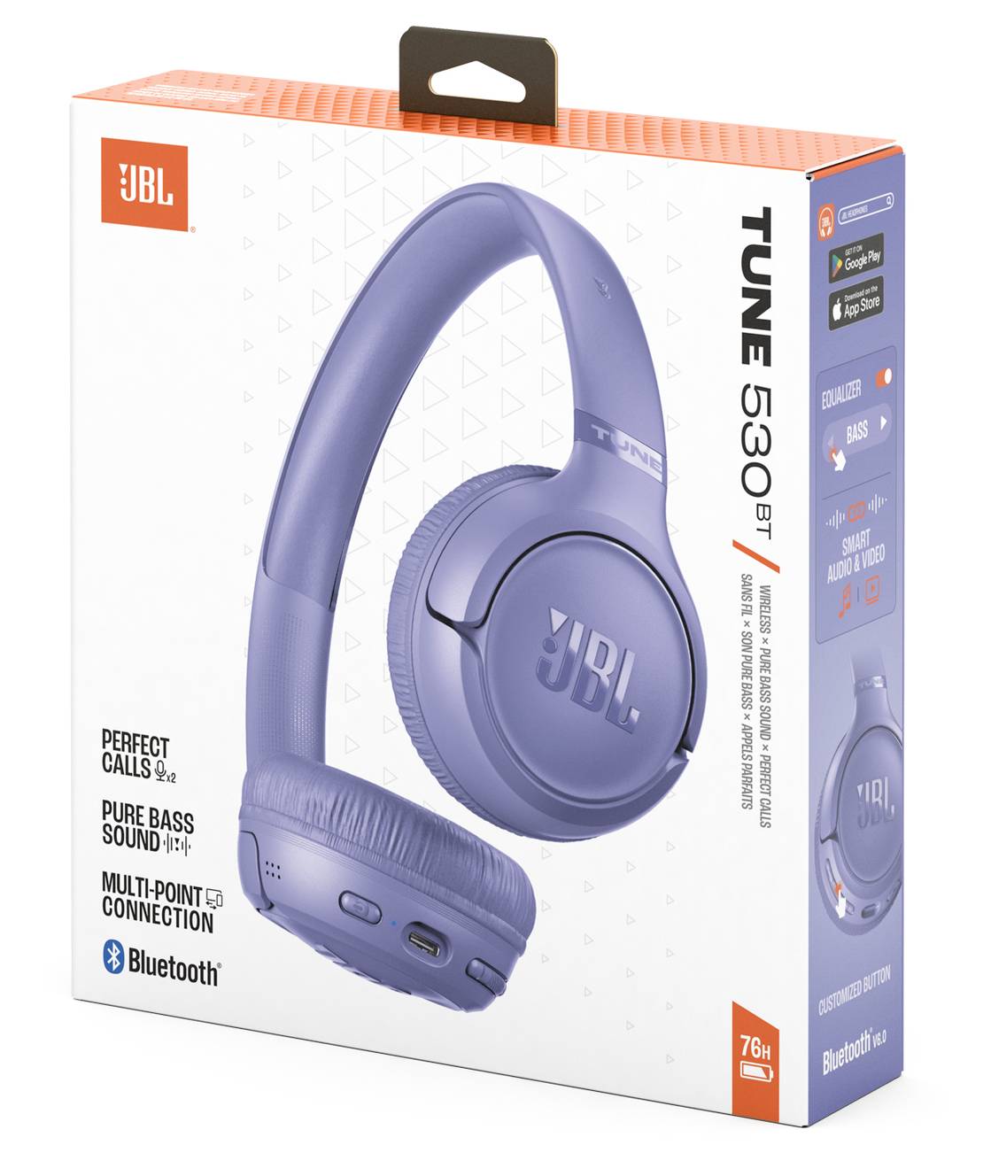 Plavi JBL Tune 530BT bežični slušalice u pakiranju, naglašavajući 'Savršeni Pozivi', 'Čisti Bas Zvuk', Bluetooth i 76-satni vijek trajanja baterije.