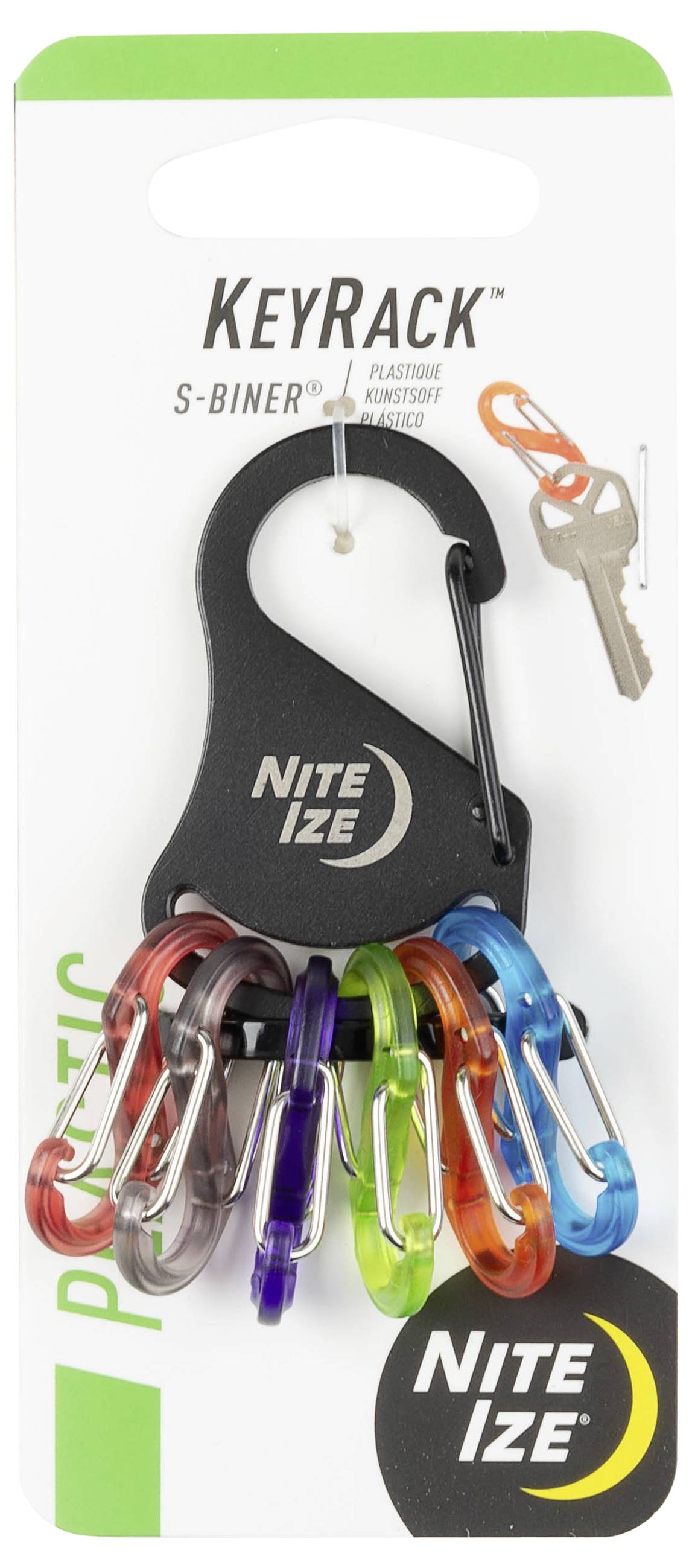 Paket 'Nite Ize KeyRack S-Biner' prikazuje crni karabiner s šest šarenih S-karabinera za ključeve, postavljenih na maloprodajnoj kartici za izlaganje.
