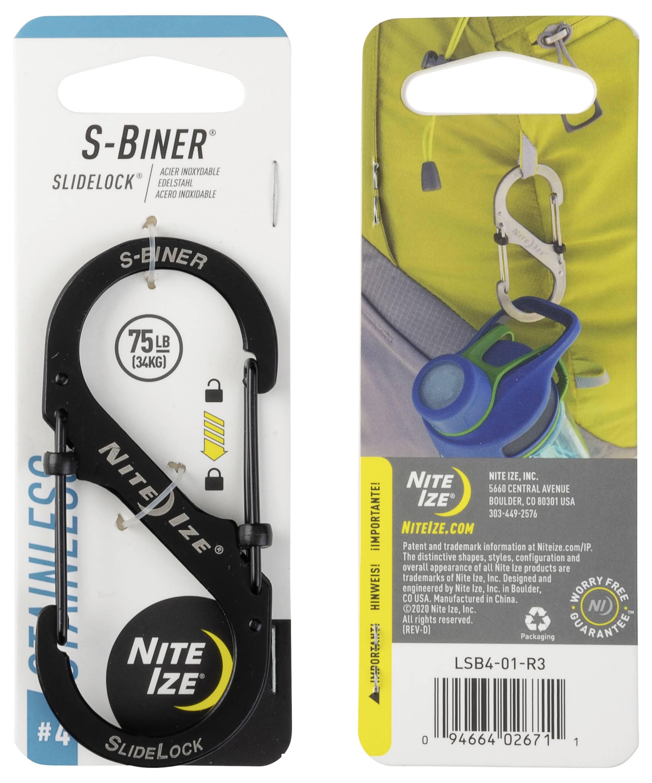 Crni S-Biner SlideLock drži do 75lb (34kg). Slika prikazuje njegovu upotrebu za nošenje boce na ruksaku. Prisutno je brendiranje Nite Ize marke.