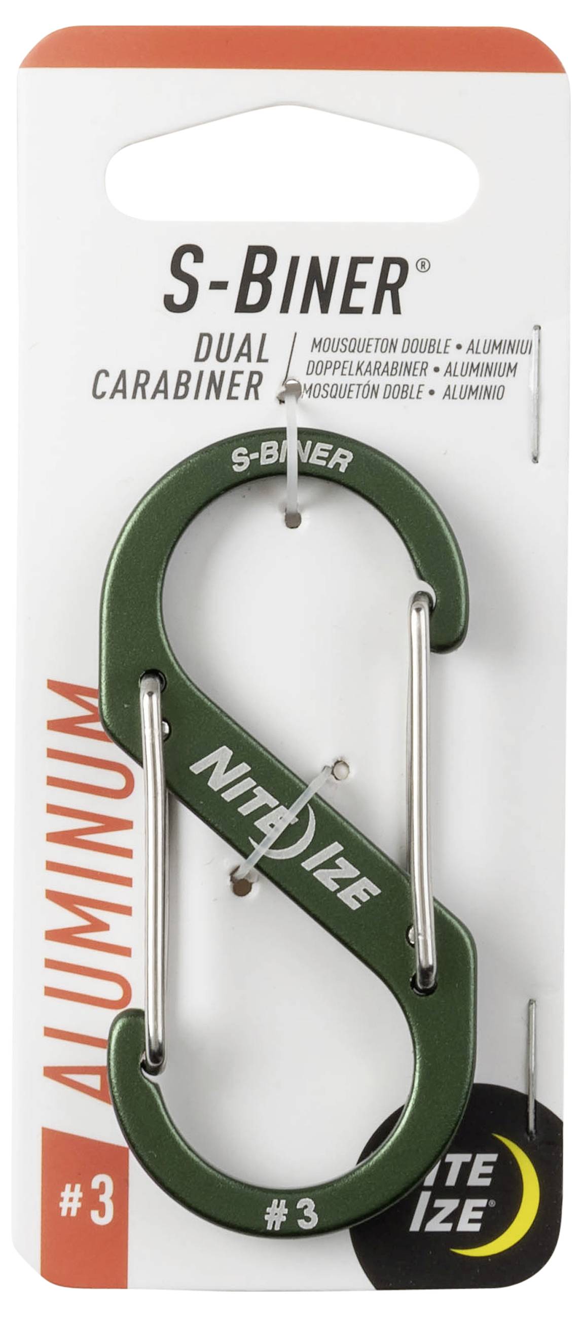 Zeleni dvostruki karabiner oznake 'S-Biner' s aluminijskom konstrukcijom, na ambalaži. Idealan za vješanje ili sigurno držanje predmeta.