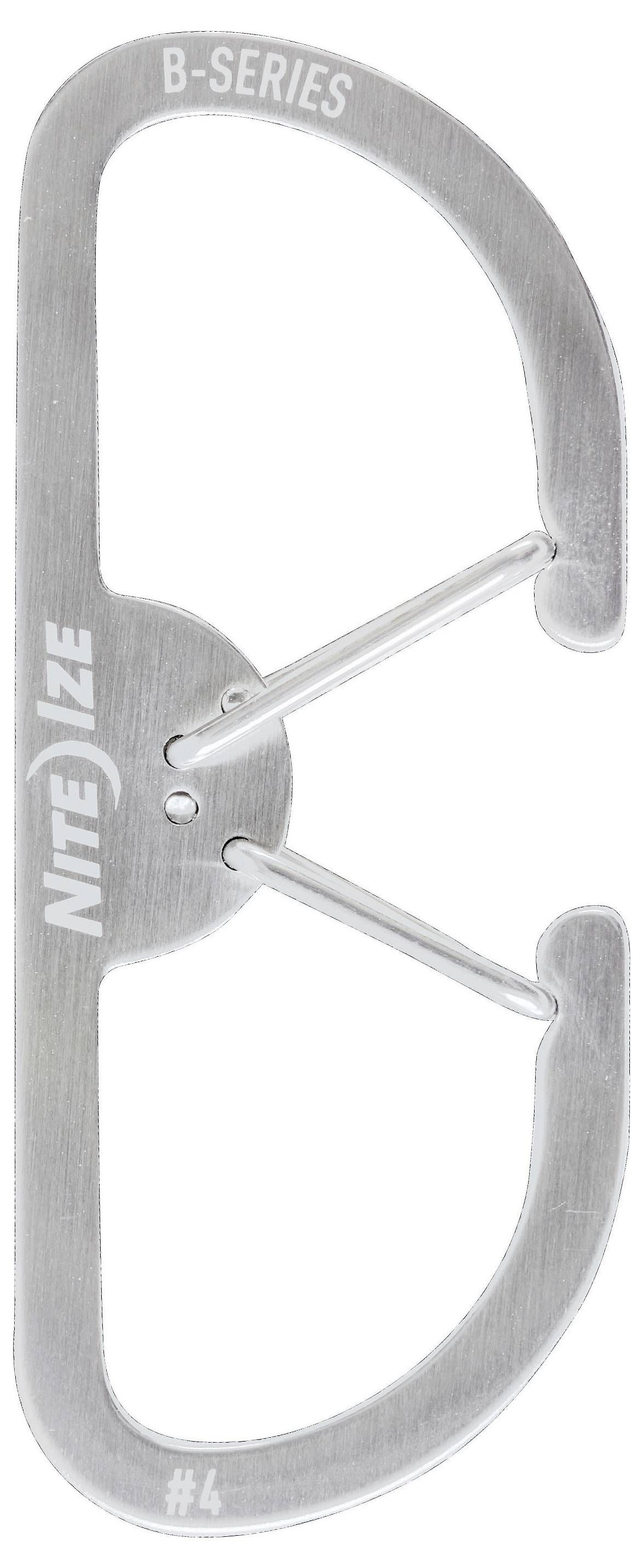 Metalni karabiner oznake 'Nite Ize B-Series #4', koji ima dvije opruge na vratima za sigurno pričvršćivanje.