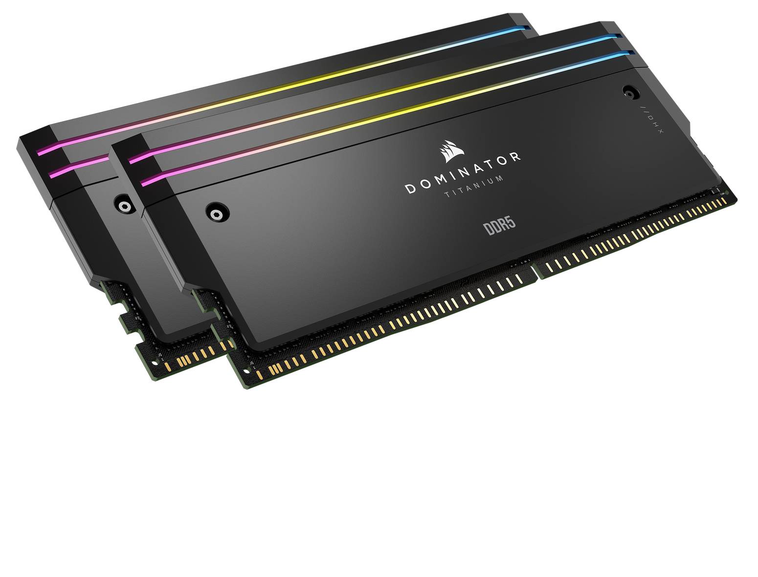 Dvije crne DDR5 RAM memorijske pločice sa RGB osvjetljenjem i oznakom 'DOMINATOR PLATINUM', ističući naprednu računalnu memorijsku hardversku opremu.