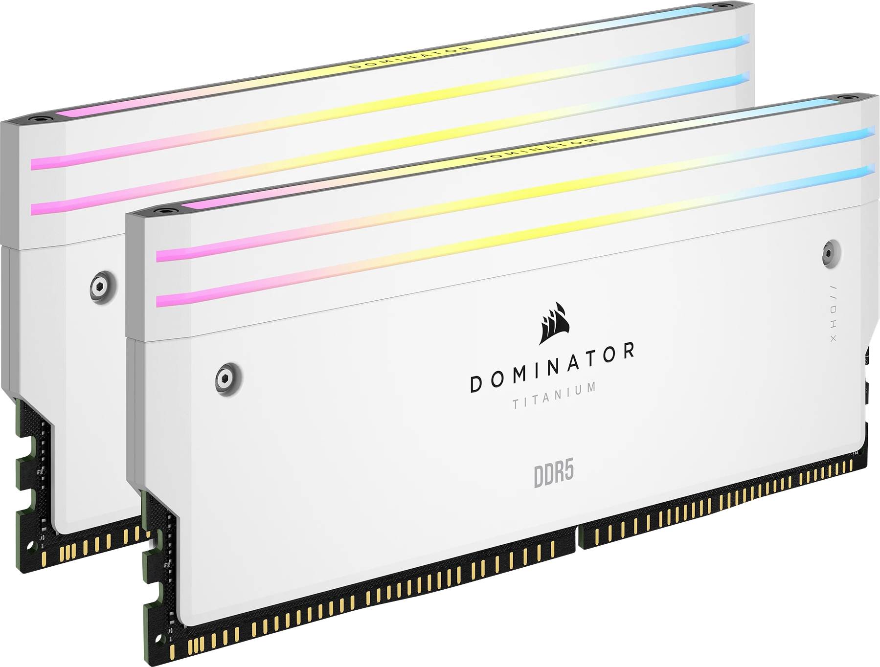 Dva bijela DDR5 RAM modula sa brendiranjem 'Dominator Titanium', s raznobojnim RGB osvjetljenjem na vrhu.