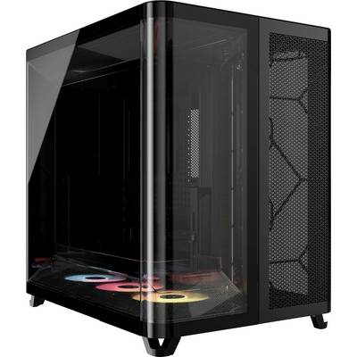 Prozirno kućište računala koje prikazuje unutarnje RGB osvjetljenje, s elegantnim crnim dizajnom i mrežastom ventilacijom na prednjoj ploči.