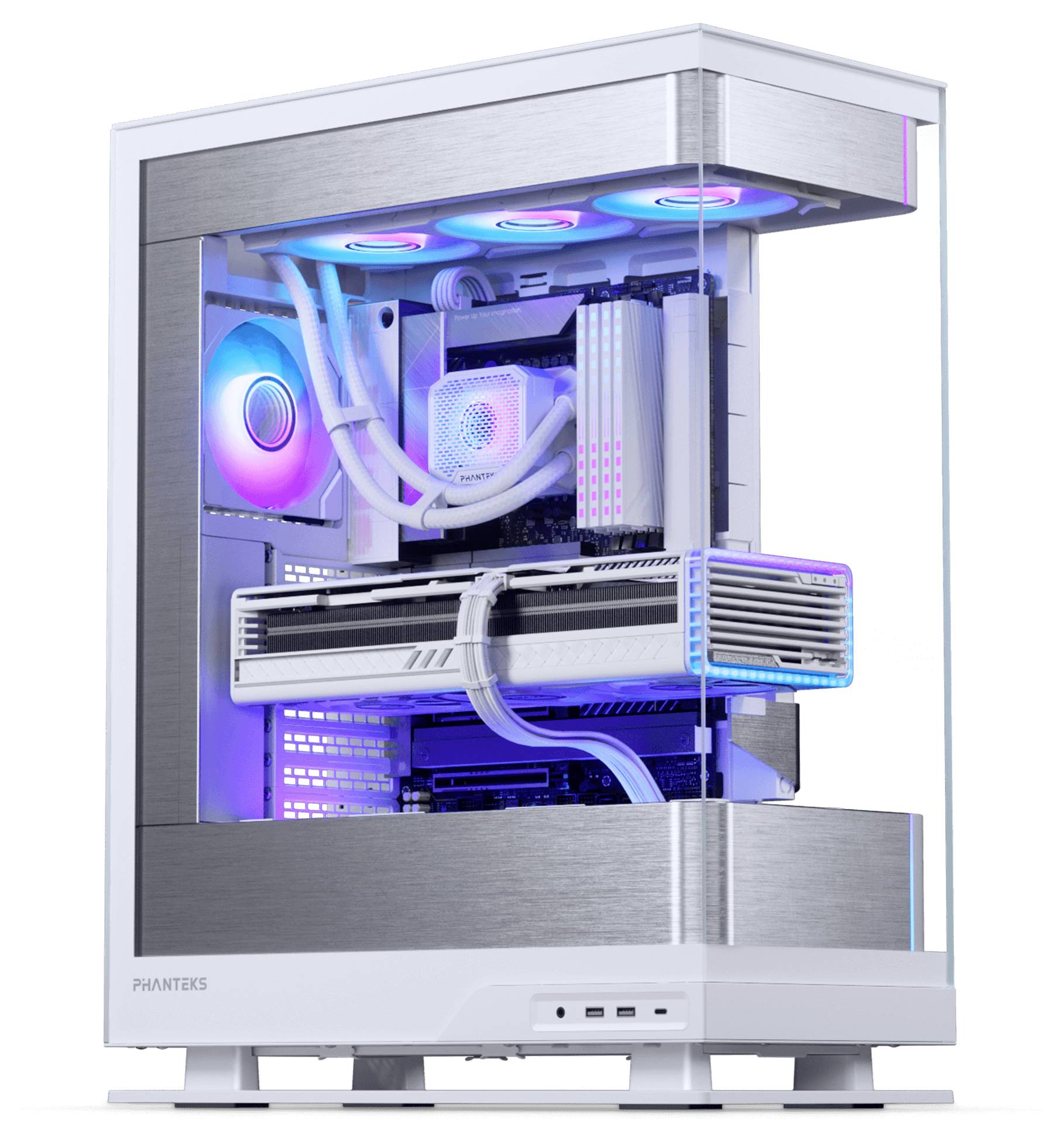 Elegantan, moderan gaming PC s vidljivim unutarnjim komponentama, RGB osvjetljenjem i Phanteks naljepnicom, koji prikazuje naprednje hlađenje i dizajn.