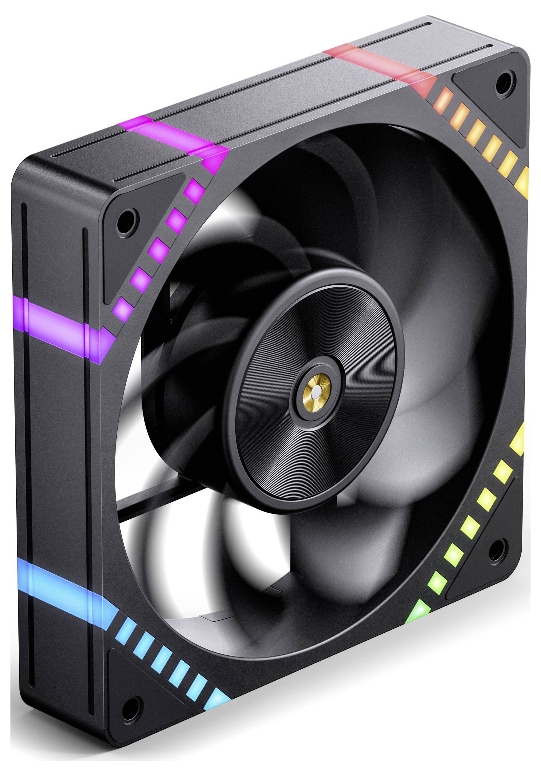 Crni računalni ventilator za hlađenje s osvjetljenim RGB LED trakama u ljubičastoj, ružičastoj, plavoj i narančastoj boji na rubovima okvira.