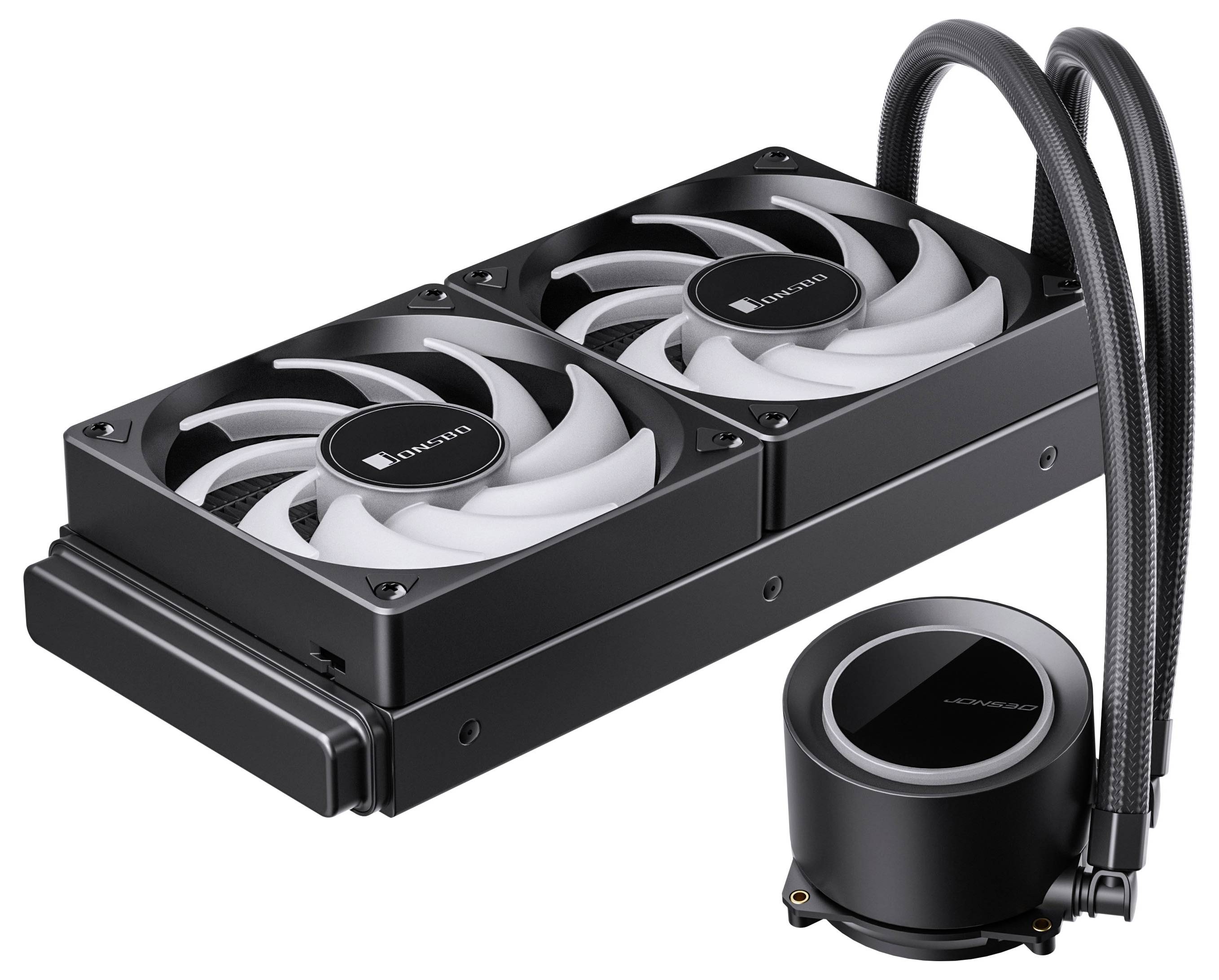 Sustav hlađenja s dva ventilatora i cilindričnom pumpom; dizajniran za računalnu hardversku opremu, s naglaskom na učinkovito upravljanje toplinom.