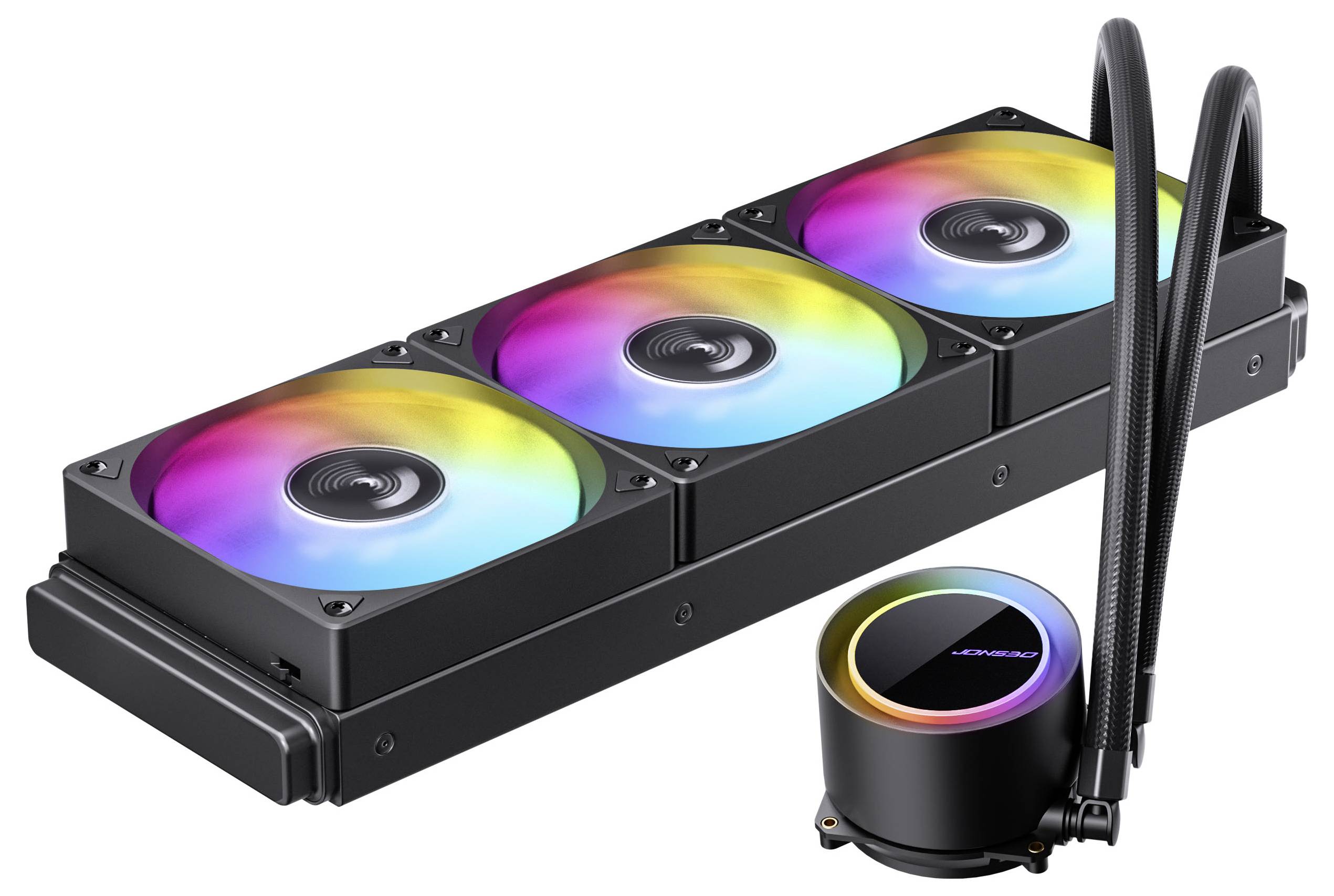 'DEEPCOOL' tekućinski CPU hladnjak s tri RGB ventilatorа. Hladnjak odlikuje elegantan dizajn sPromjenjivim bojama osvjetljenja, pružajući učinkovito hlađenje.