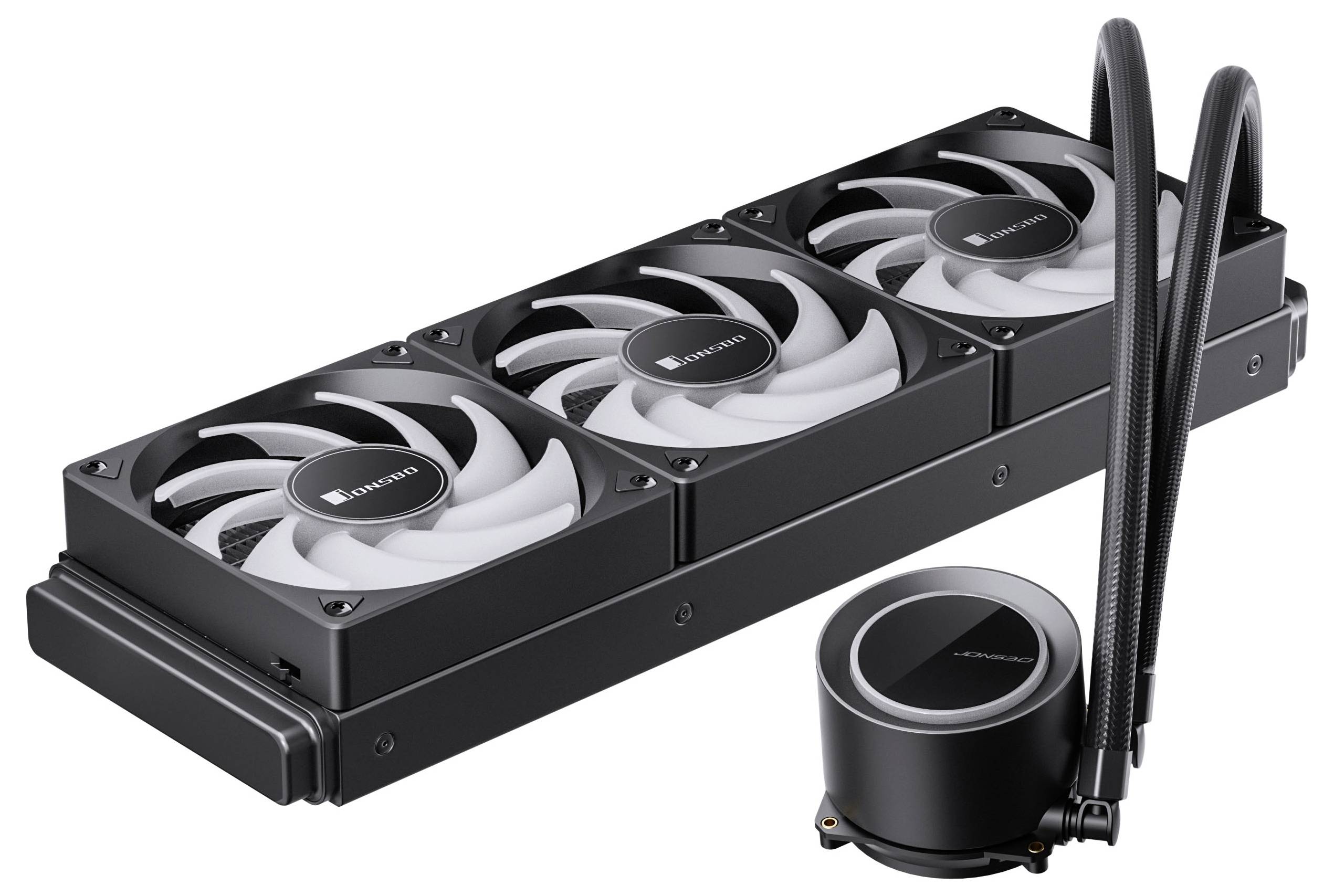 Tekućinski CPU hladnjak s trostrukim ventilatorskim radiatorom i crnom bojom, koji na pumpi i ventilatorima ima logotip brenda.