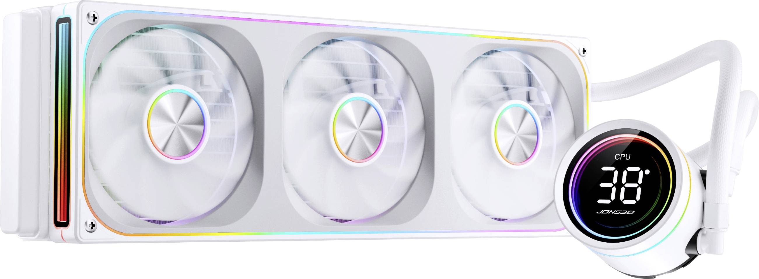 Bijeli sustav hlađenja s tri RGB LED ventilatora i digitalnim prikazom koji pokazuje "CPU 38" na kružnoj kontrolnoj jedinici.