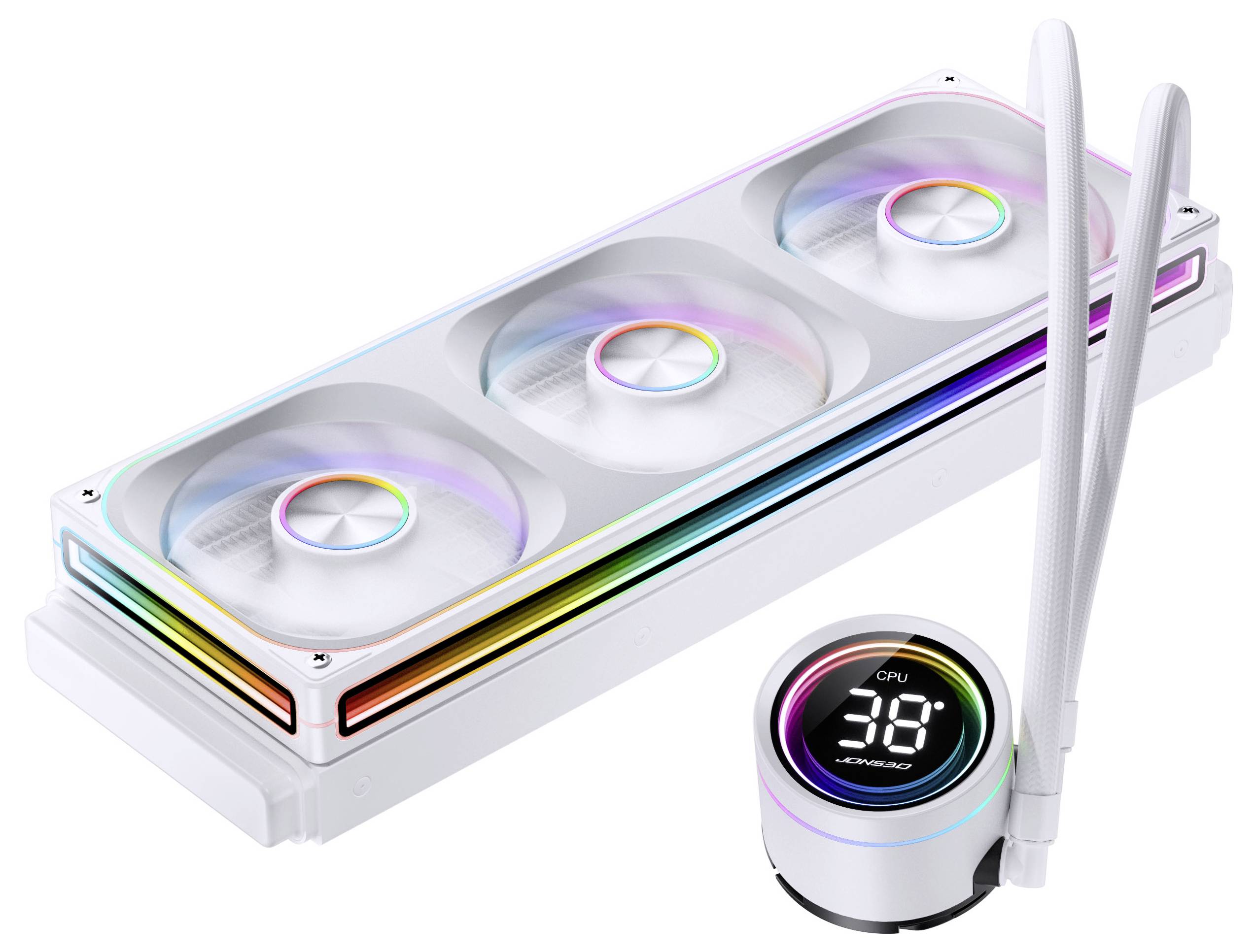 Bijeli tekući hlađenjak za procesore s tri RGB ventilatorea i digitalnim zaslonom koji pokazuje '38°C CPU'. Uključuje dvije bijele cijevi za rashladnu tekućinu.