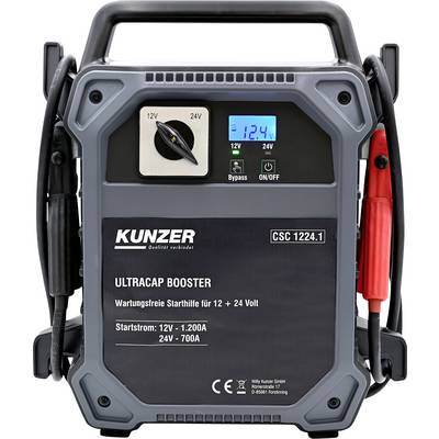 Prijenosni Kunzer ultrakondenzatorski pojačivač za paljenje 12V i 24V vozila, koji prikazuje očitanje od 12,4V na malom zaslonu.