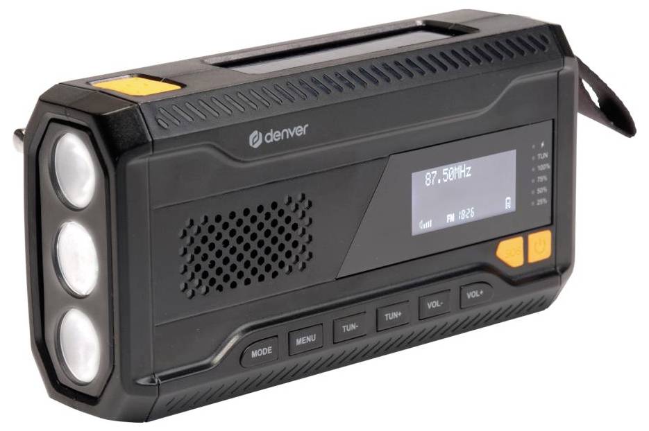 Crni prijenosni radio s ekranom koji prikazuje '87.50MHz'. Opremljen LED svjetlima, kontrolnim tipkama i ručkom, što ukazuje na jednostavno prenošenje.