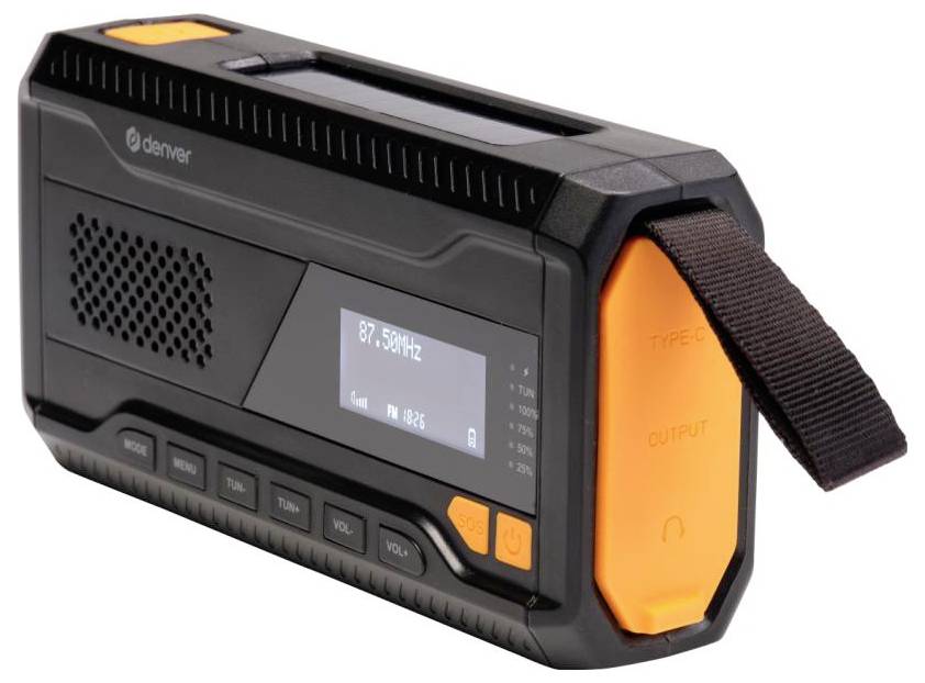 Prijenosni crni i narančasti radio s digitalnim zaslonom koji prikazuje '87.50 MHz', gumbima za ugađanje, glasnoću i način rada. Ima remen za nošenje.