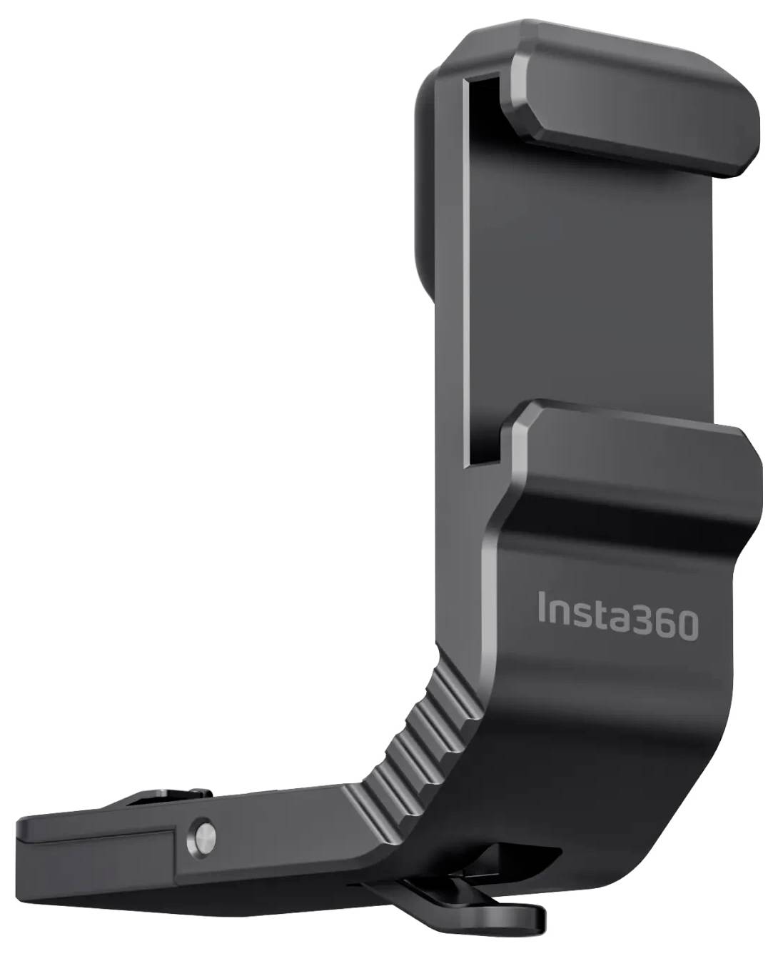 Crni dodatak kamere Insta360, dizajniran za sigurno pričvršćivanje i držanje smartphone uređaja, prikazan pod kosim pogledom sa strane.