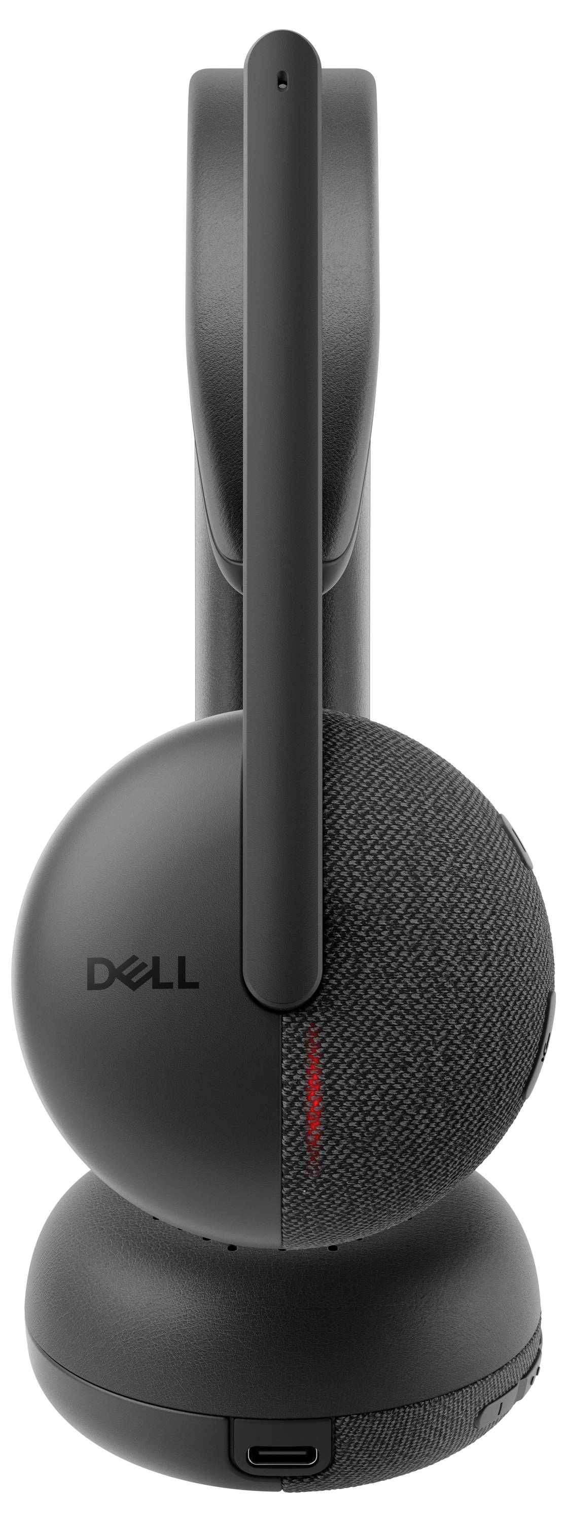 Crni bežični Dell headset na bijeloj pozadini, prikazuje jastučić za uho i traku za glavu u pogled sa strane.