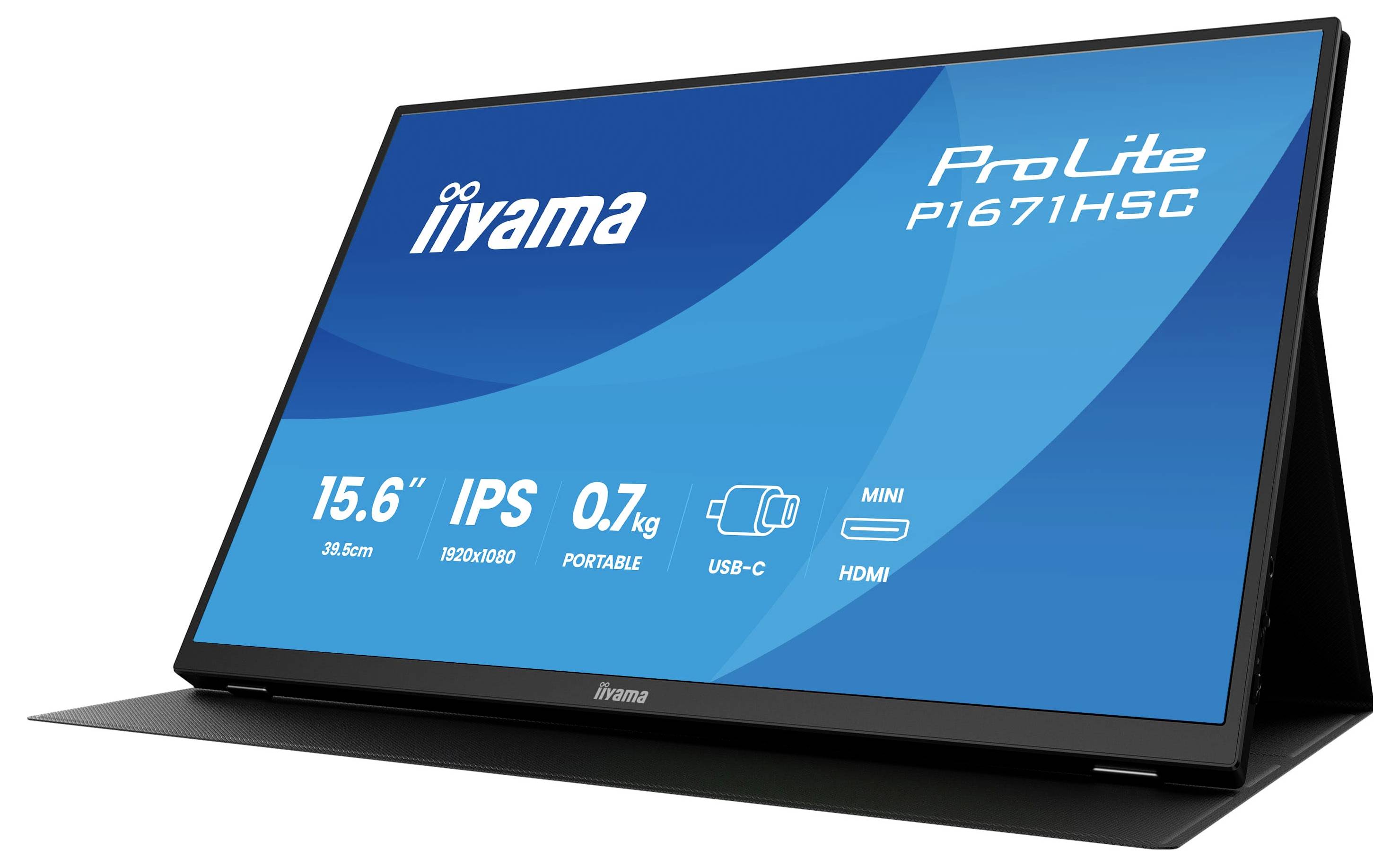 Prijenosni monitor s 15,6-inčnim IPS zaslonom oznake 'iiyama ProLite P1671HSC', mase 0,7 kg, s mogućnostima povezivanja putem USB-C i Mini HDMI priključaka.