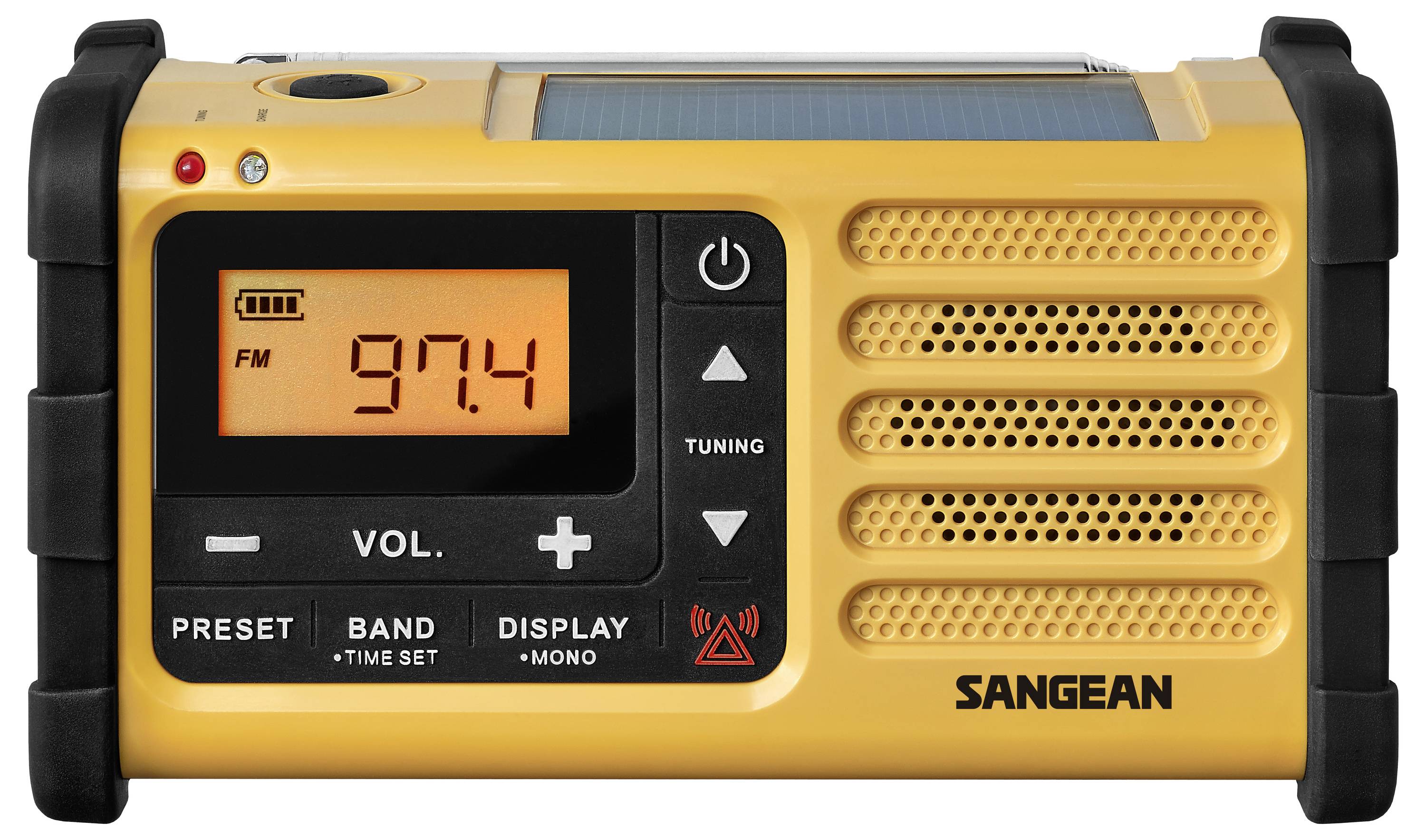 Žuti prijenosni radio Sangean s prikazom 'FM 97.4' na zaslonu. Radio ima tipke za predpostavljene stanice, frekvencijski pojas, zaslon i ugađanje.