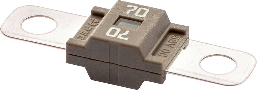 Smeđa automobilska osigurač oznake '70' s metalnim priključnim jezičcima sa svake strane, koji se koristi za zaštitu električnih krugova od prekomjerne struje.