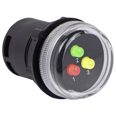 Crna cilindarska elektronička komponenta s prozirnim vrhom koji prikazuje tri obojene LED lampice: crvenu, zelenu i žutu, numerirane 1, 2, 3.