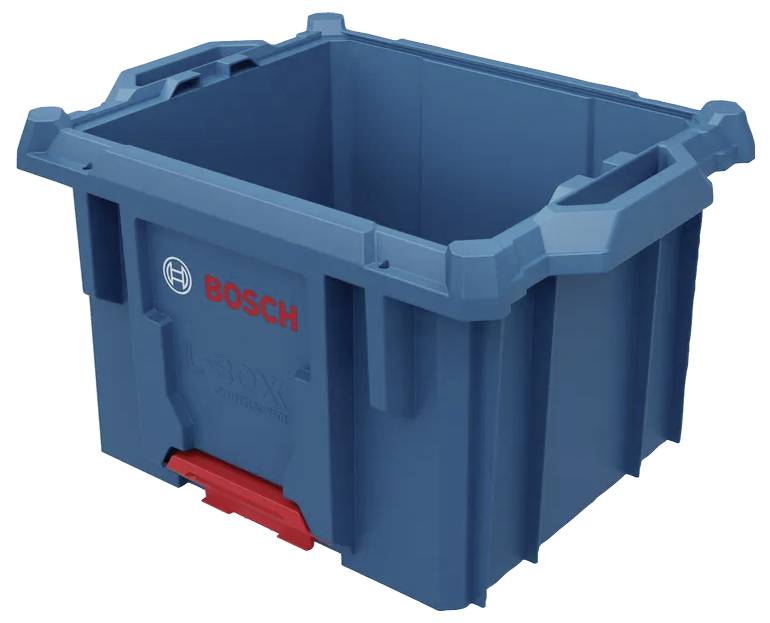 Plava Bosch kutija za pohranu s crvenom kopčom, opremljena čvrstim ručkama i konstruirana za slaganje radi organiziranja alata ili materijala.