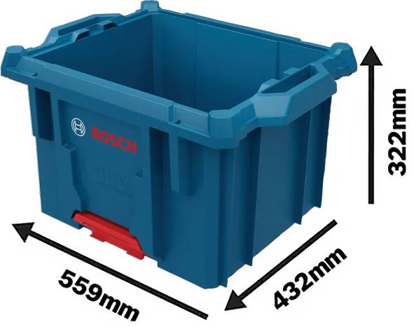 Plava kutija za pohranu s logotipom 'BOSCH'; dimenzije: 559 mm duljine, 432 mm širine i 322 mm visine.