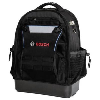 Crni Bosch ruksak s više pregrada, logotipom na prednjoj strani, bočnim mrežastim džepovima i ručkom za nošenje, pogodan za prenošenje alata ili opreme.