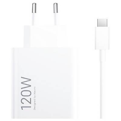 Bijeli 120W punjač s USB-C kabelom, dizajniran od strane Xiaomija, s dva okrugla utikača za priključivanje napajanja.