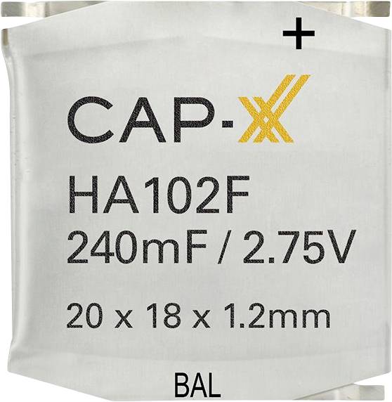 Kondenzator oznake 'CAP-XX HA102F 240mF / 2.75V, 20 x 18 x 1.2mm, BAL', s pozitivnim simbolom u gornjem desnom kutu.