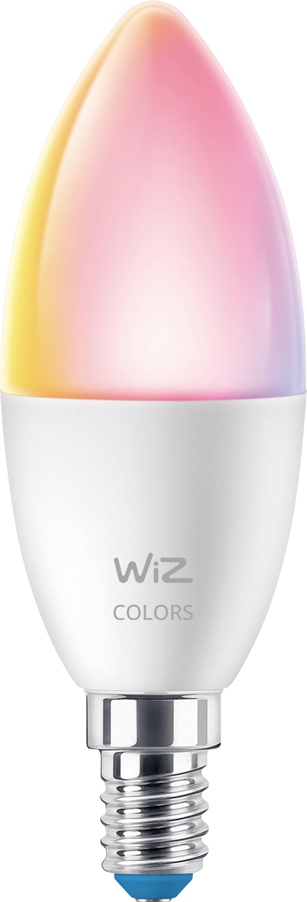 Višebojna pametna LED žarulja s navojem za uvrtanje, koja prikazuje nijanse ružičaste, narančaste i žute. Vidljivo je ime marke 'WiZ COLORS'.