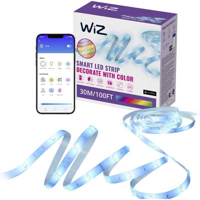 Kutija s natpisom 'WiZ Smart LED Traka 30M/100FT'. Plava LED traka prikazana uz pametni telefon koji prikazuje aplikaciju za upravljanje osvjetljenjem.