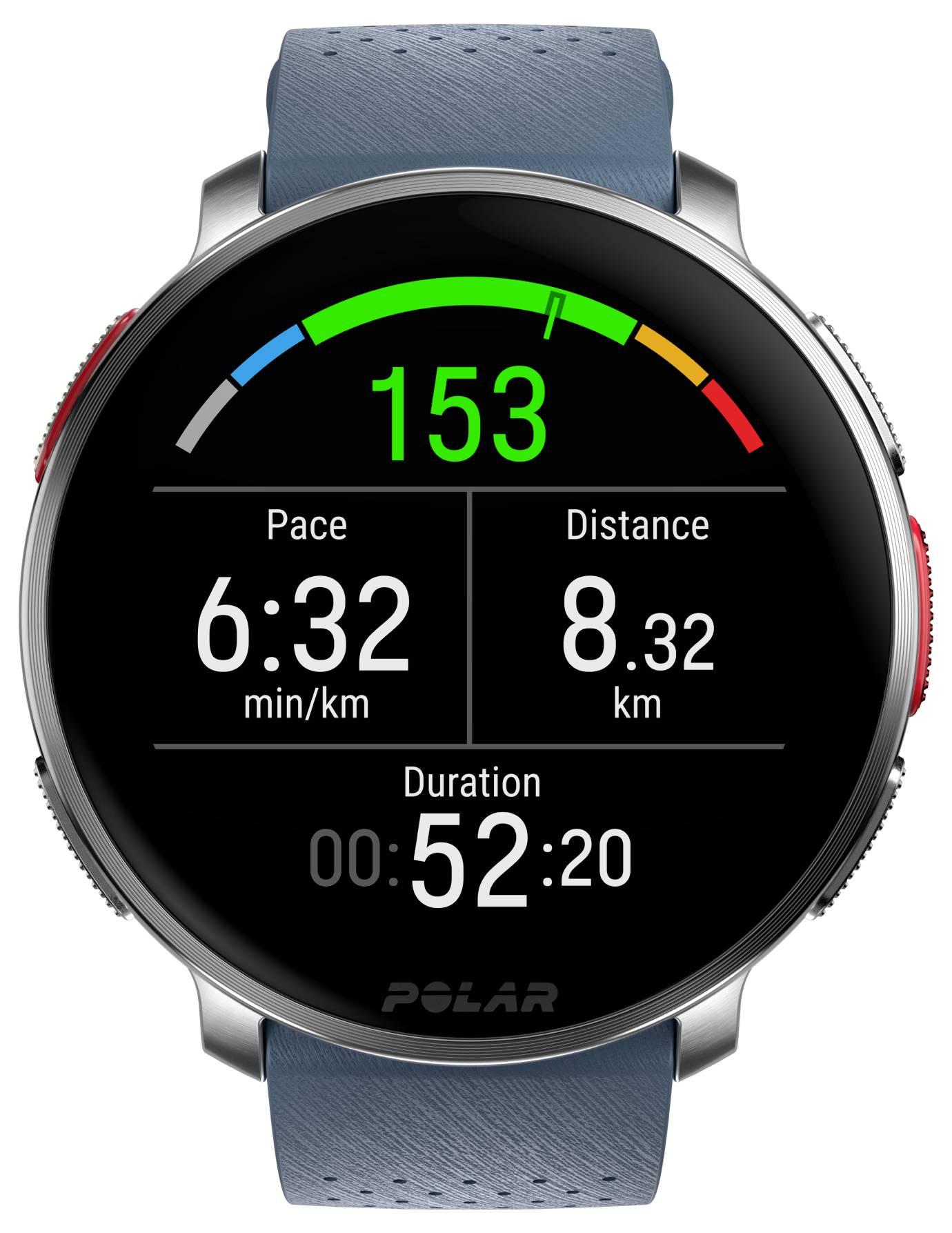 Pametni sat prikazuje brzinu otkucaja srca od 153 otkucaja u minuti zelenom bojom, tempo 6:32 min/km, udaljenost 8,32 km i trajanje 52:20.