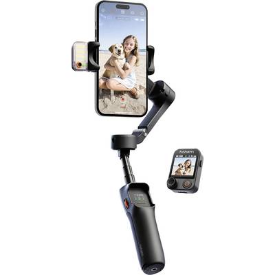 Pametni stabilizator za pametni telefon s postavljenim telefonom koji prikazuje ženu koja drži psa na plaži. Uređaj uključuje upravljačku ploču i LED svjetlo.