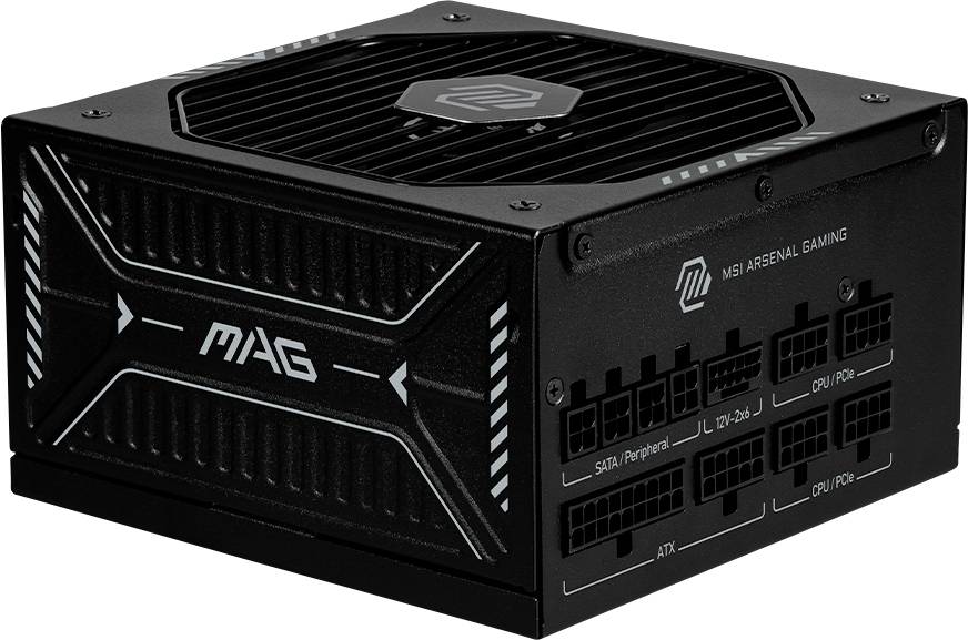 Crni MSI MAG napajanje označeno natpisom 'MSI Arsenal Gaming' s različitim priključcima za SATA, periferne uređaje i CPU.