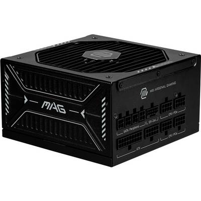 Crni MSI MAG napajanje označeno natpisom 'MSI Arsenal Gaming' s različitim priključcima za SATA, periferne uređaje i CPU.