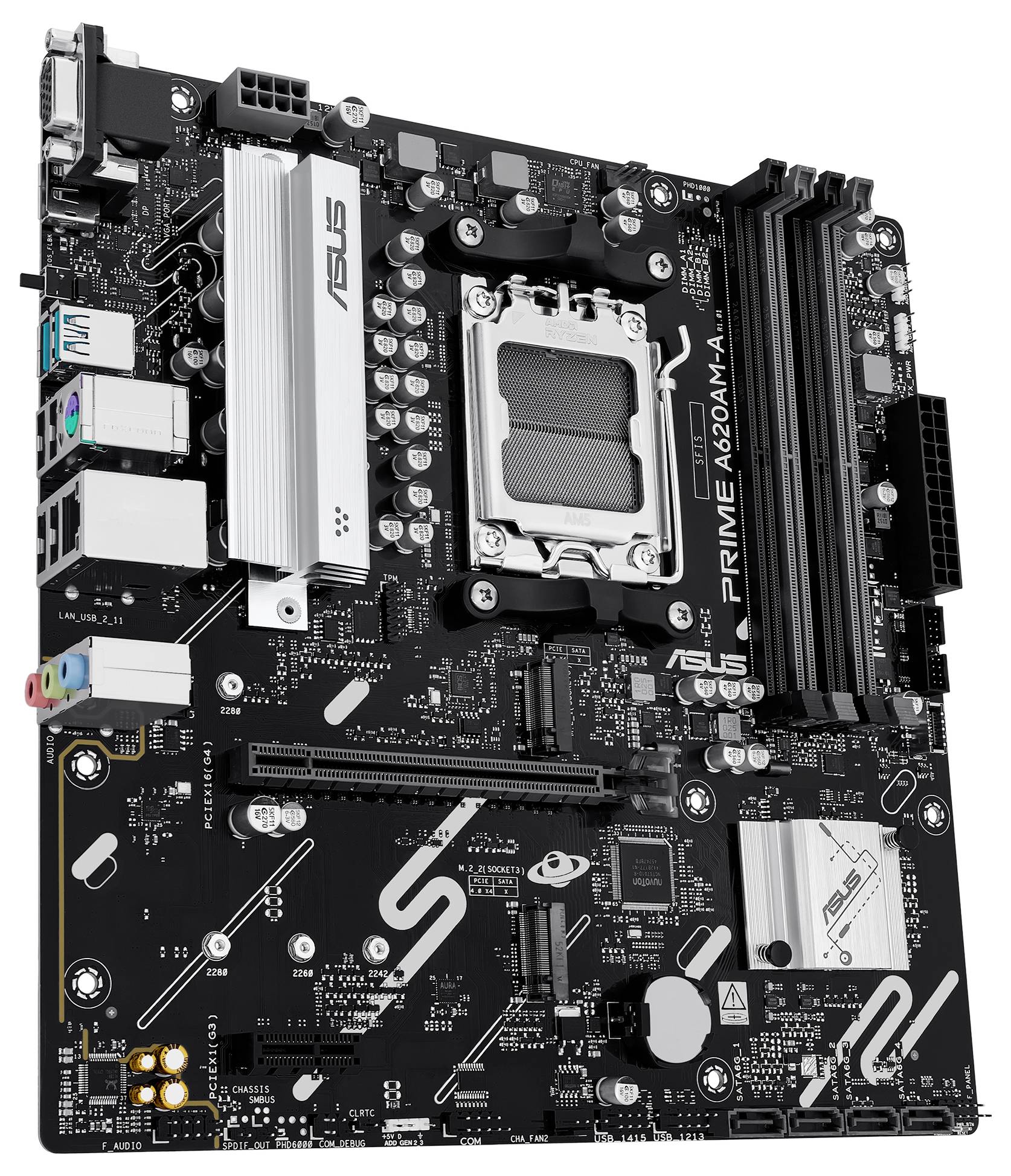 Računalna matična ploča s različitim utorima i priključcima, označena natpisom 'ASUS PRIME A320M-A'. Centralni procesorski socket je vidljiv.