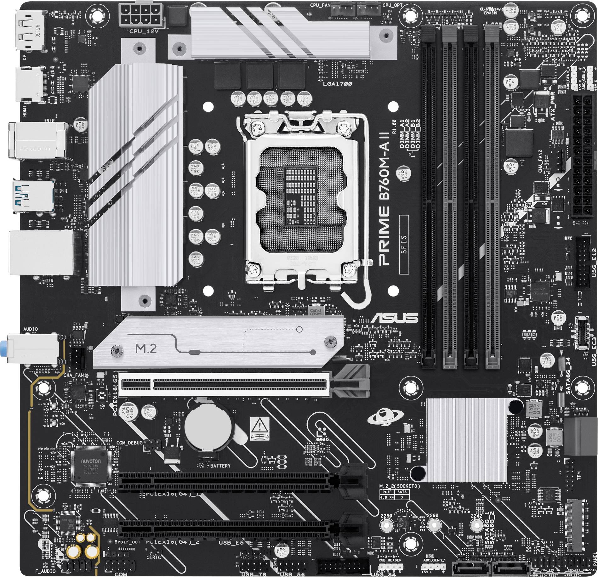 Računalna matična ploča s različitim portovima, utičnicom za CPU, utorima za RAM i označenim komponentama poput 'PRIME B760M-A II' i 'M.2'.
