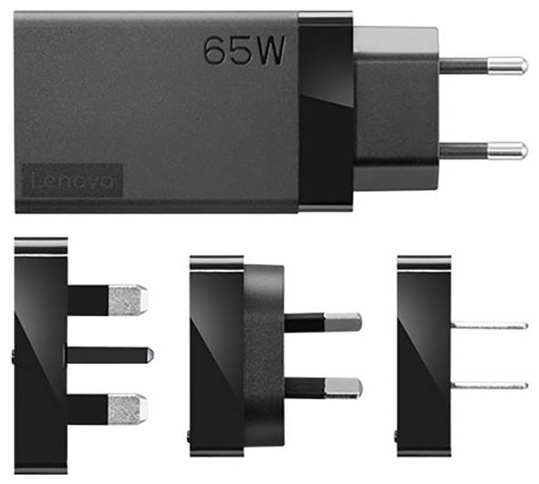 Punjač Lenovo od 65W s USB-C priključkom i izmjenjivim utičnicama za različite regije, uključujući EU, UK i US tipove.