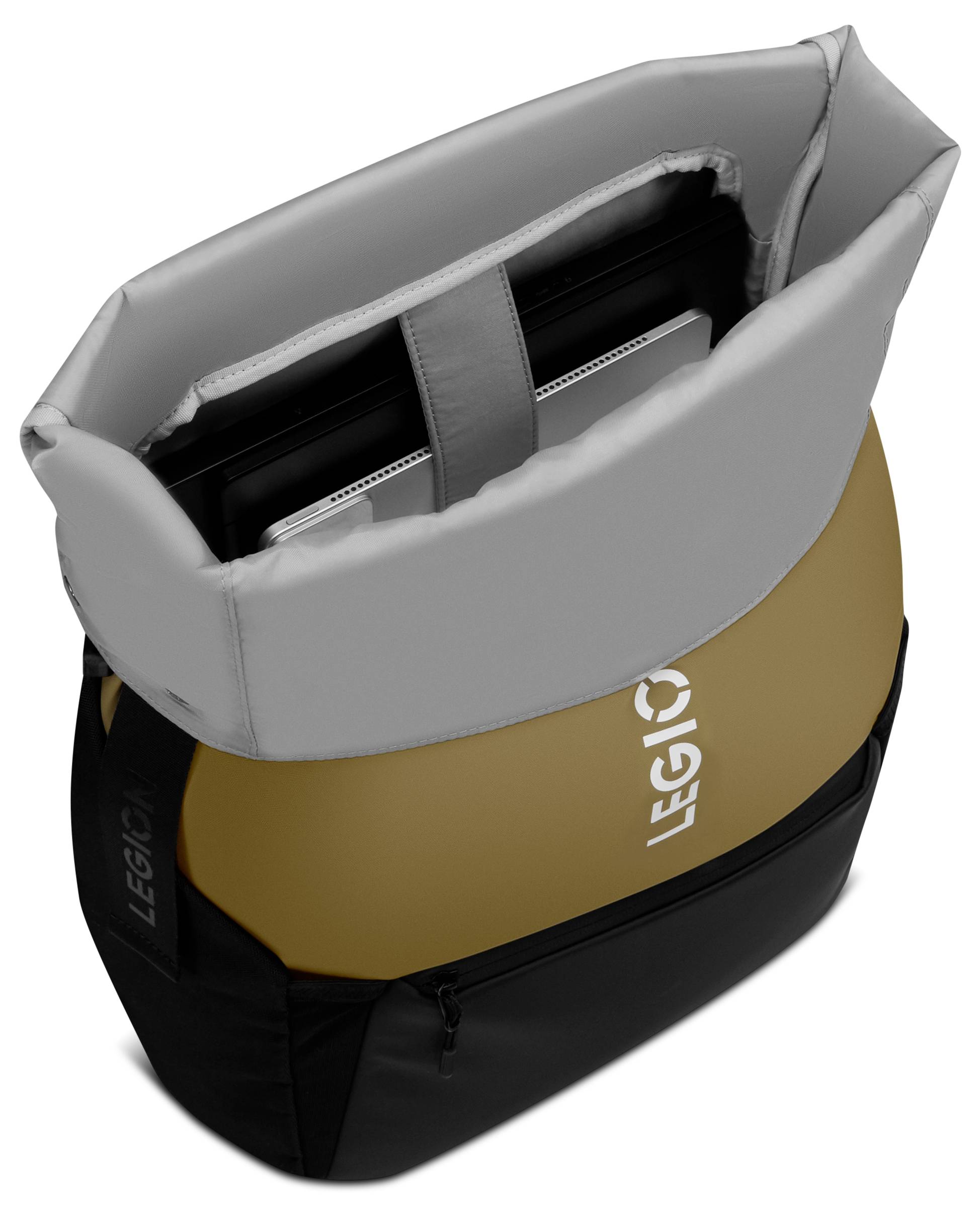 Dvotonski ruksak, djelomično otvoren, otkriva obloženi pretinac za prijenosno računalo i tablet unutra. Tekst 'LEGION' je vidljiv na prednjoj strani.