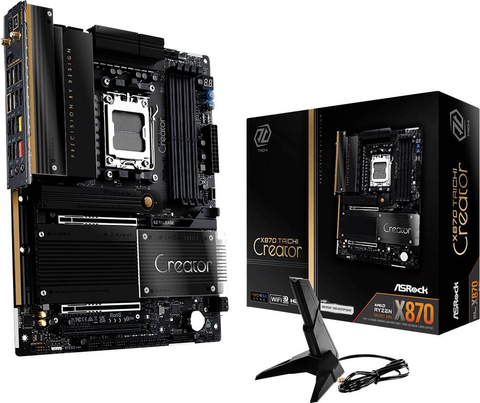 ASRock X670E Taichi matična ploča prikazana s njezinim maloprodajnim pakiranjem, koja ističe 'Creator' brending, M.2 hladnjake i Wi-Fi antene.