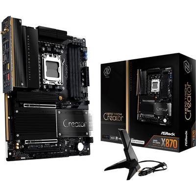 ASRock X670E Taichi matična ploča prikazana s njezinim maloprodajnim pakiranjem, koja ističe 'Creator' brending, M.2 hladnjake i Wi-Fi antene.