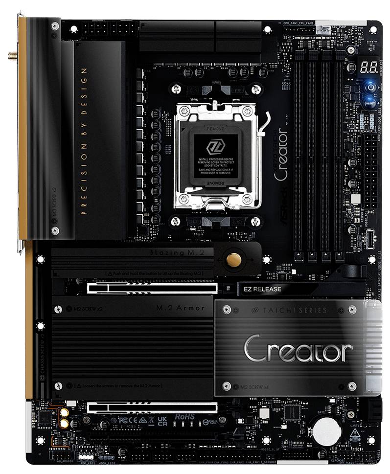 Matična ploča s različitim označenim komponentama, uključujući utore za RAM, socket za CPU i sučelja za pohranu. Oznake brenda uključuju 'Creator'.