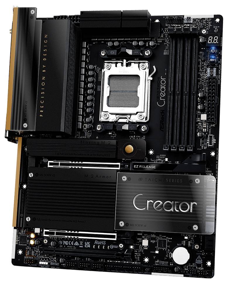Računalna matična ploča dizajnirana za kreativce, s višestrukim proširnim utorima, utičnicom za CPU, hladnjacima i natpisom 'ASRock Creator'.