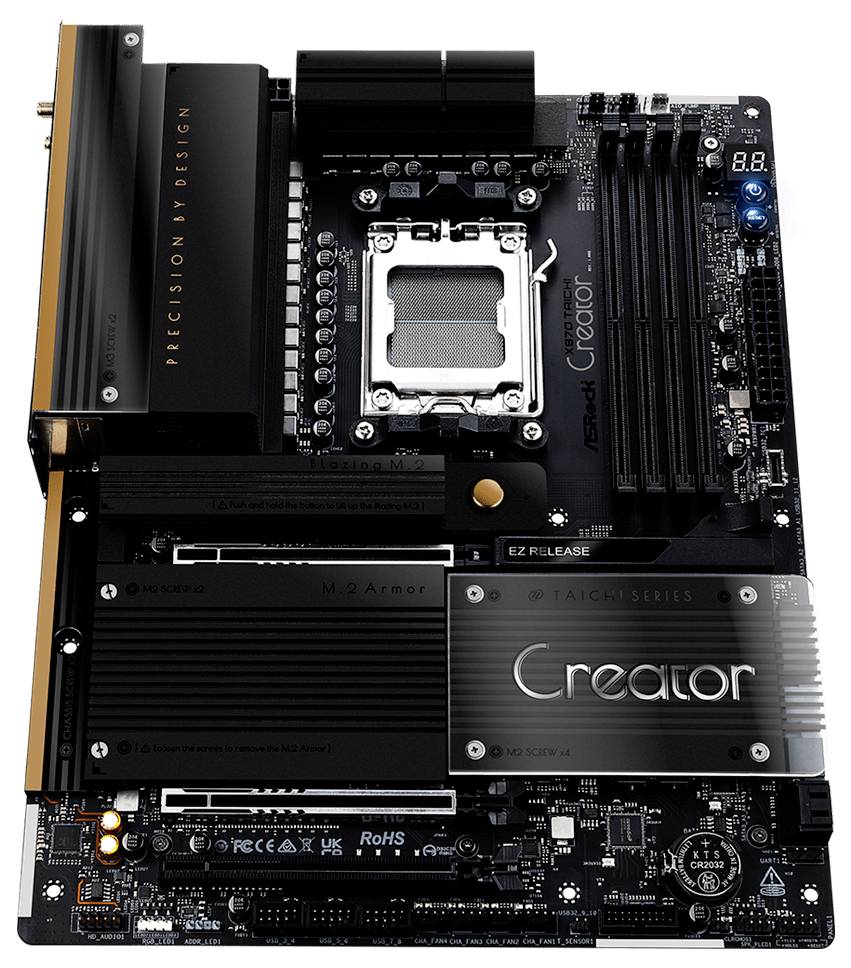 Matična ploča 'ASRock Creator' s utičnicom za CPU, nekoliko utora za RAM, M.2 mounting points i raznim portovima na crnoj tiskanoj pločici.