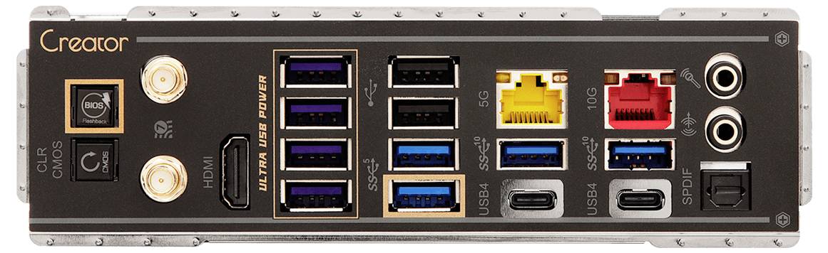 Stražnji panel matične ploče, označen kao 'Creator', prikazuje različite priključke: USB, Ethernet, audio, HDMI, te oznake brzine Etherneta, što ukazuje na mogućnosti povezivanja.