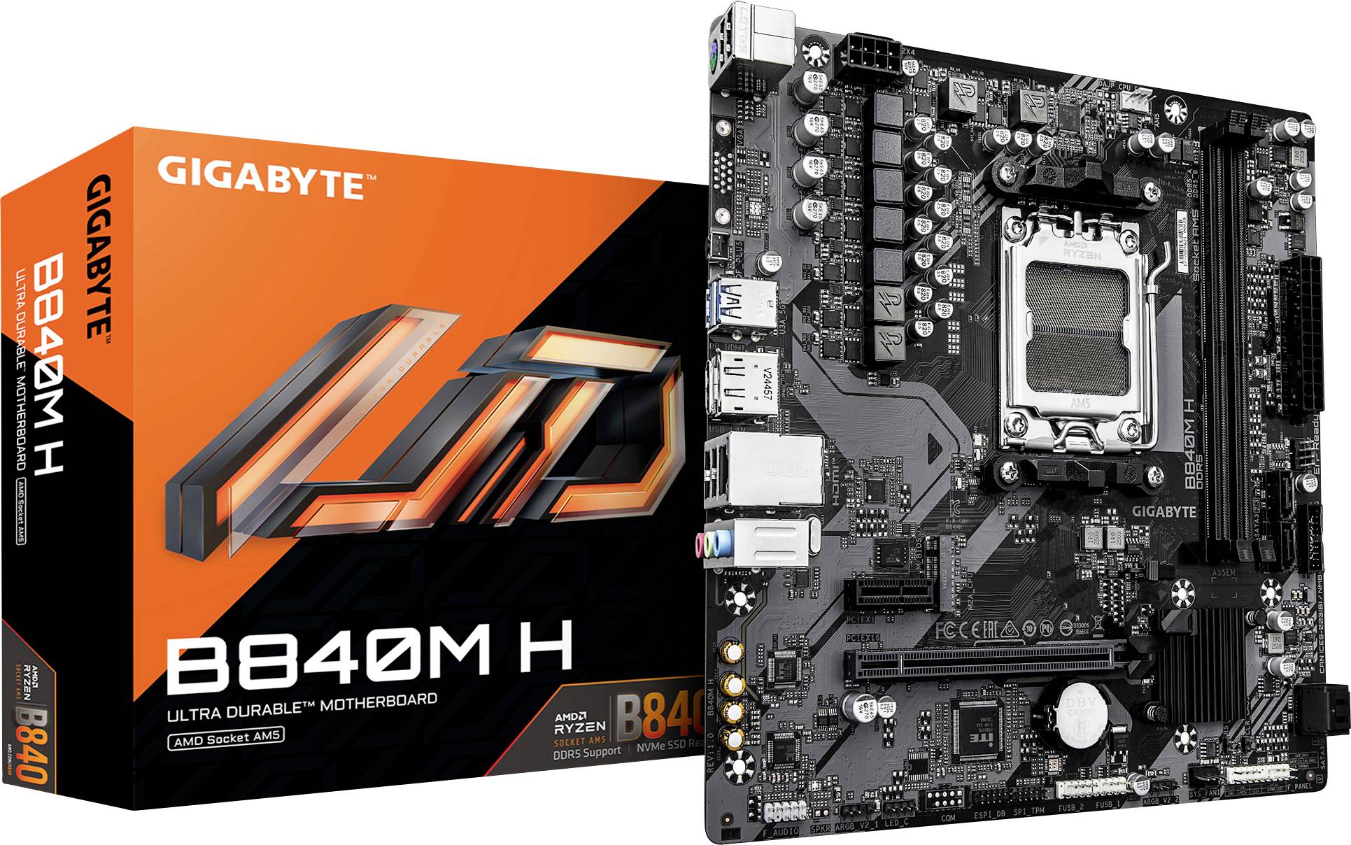 Kutija i matična ploča s brendiranjem 'GIGABYTE B840M H'. Karakteristike uključuju LGA utičnicu, utore za RAM, te razne priključke za sastavljanje računala.
