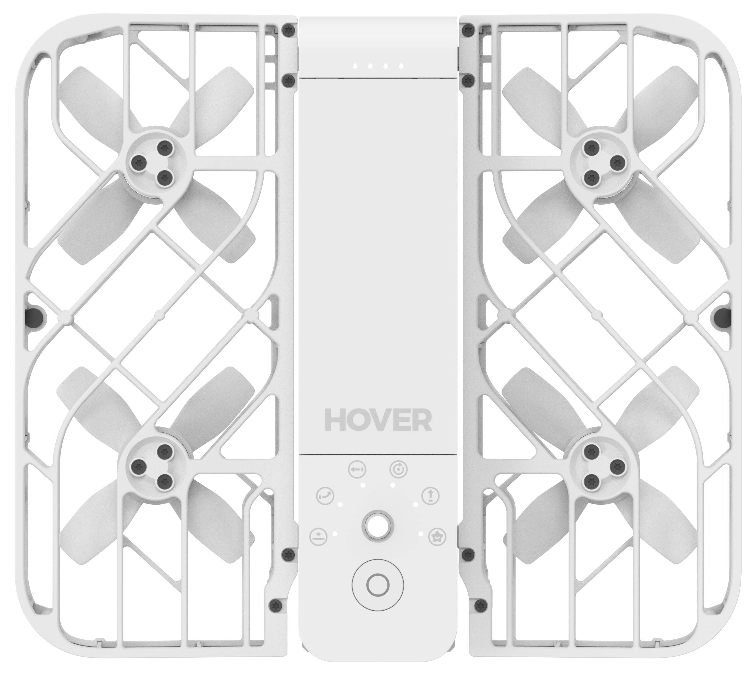 Zračna drone s ugrađenim propelerima, označena natpisom 'HOVER', dizajnirana za sigurno letenje. Karakterizira je kompaktna, pravokutna struktura.