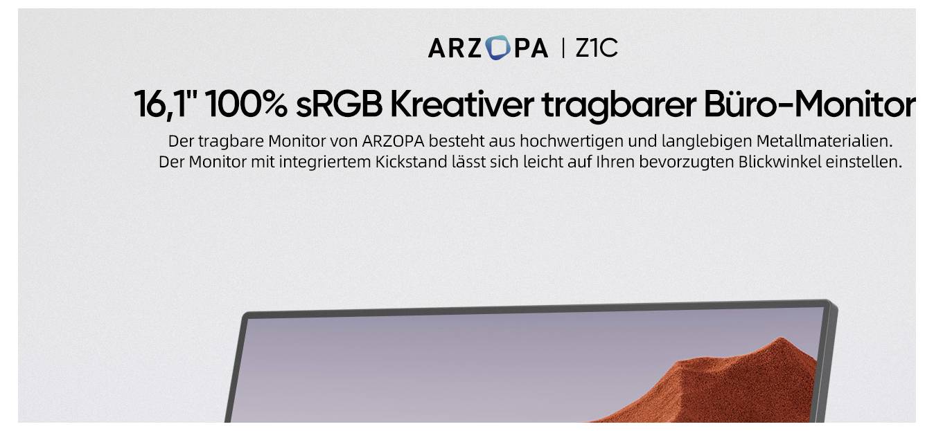 Prijenosni 16,1-inčni sRGB uredski monitor od ARZOPE, izrađen od trajnih metalnih materijala, s podesivom integriranom postoljom za željeni kut gledanja.