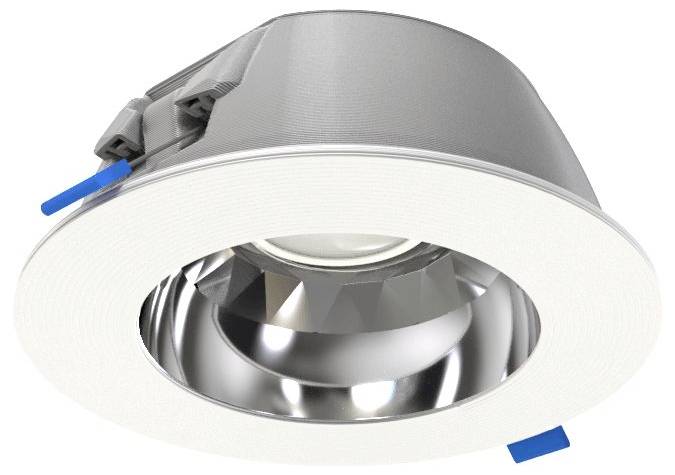 Ugradbena stropna lampa s modernim dizajnom, karakterizirana srebrenim cilindričnim korpusom i bijelim okvirom.